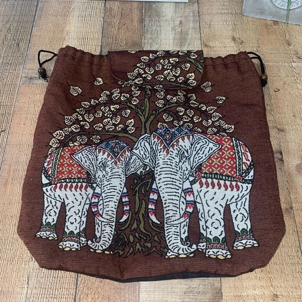 Embroidered Elephant and Tree Cotton Drawstring Backpack, 